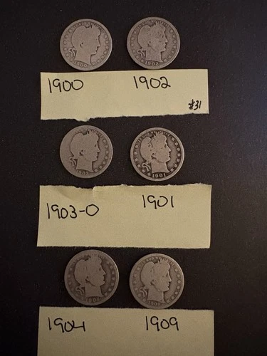 Barber Quarters Lot Of 6-1900 1902 1903-O 1901 1904 1909-90% Silver