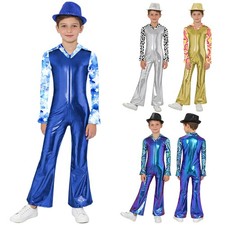 Kids Boys Disco Outfit Patchwork Costume Rave Jumpsuit Shiny Dancewear Zipper