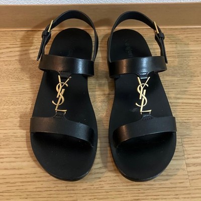 YSL Saint Laurent Gold Cassandra Strap Sandals Flat Black Men's Size 42 US9