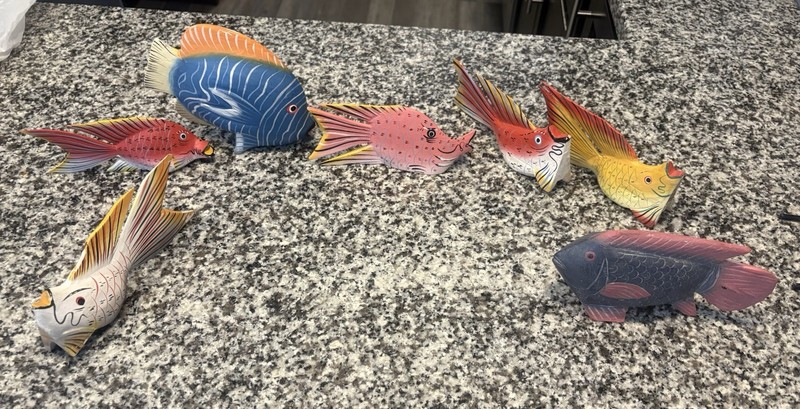 Vintage Hand Carved Wooden Tropical Fish Figurines Painted Nautical Ocean Decor