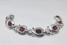 Vintage Silvertone Bracelet With Red Rhinestones 7"