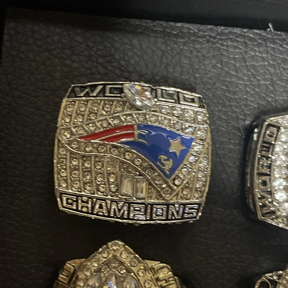 Juego de 6 anillos/estuche de latón macizo del campeonato del Super Bowl de plata de los New England Patriots Foto 3 de 4