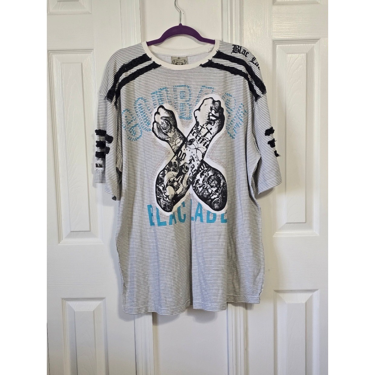 Black Label Men's 4XL Striped Graphic T-Shirt Tattoo Fists 