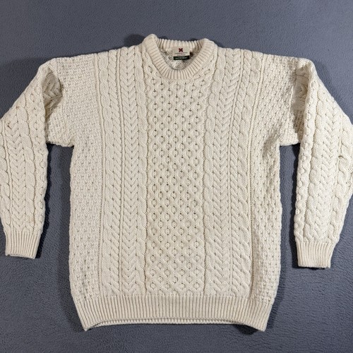 Carraig Donn Sweater Mens Sz L Cream Aran Cable Knit Fisherman Wool Ireland EUC