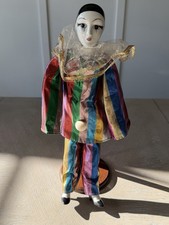 Vintage 80s Pierrot Sad Clown Doll 14.5" Rainbow Stripe Harlequin Porcelain