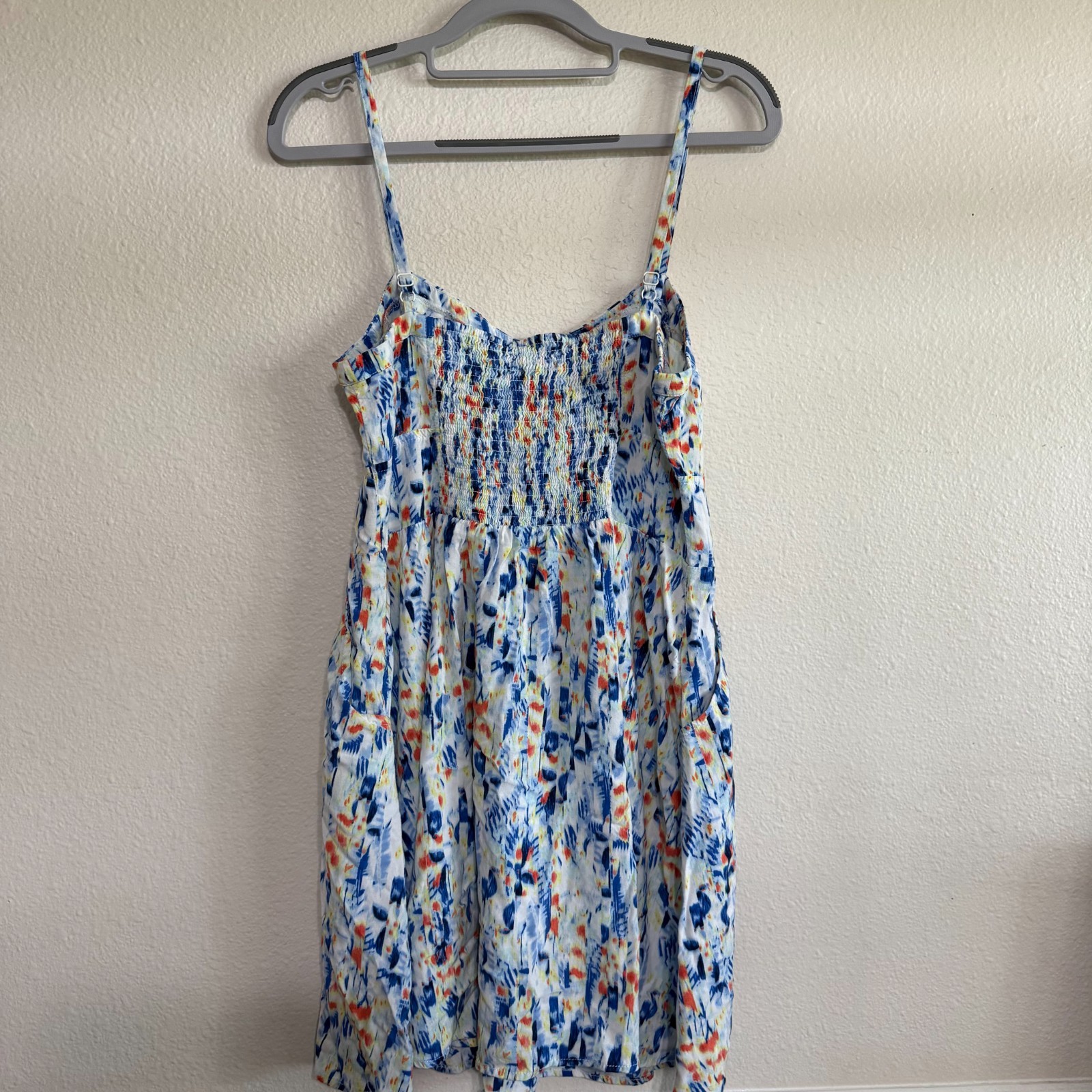 Express Skater Dress Women's Medium Blue Tie-Dye Smocked Fit & Flare Pockets