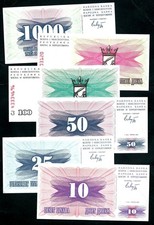Bosnia & Herzegovina 10, 25, 50, 100, 500 & 1,000 Dinara 1992 UNC