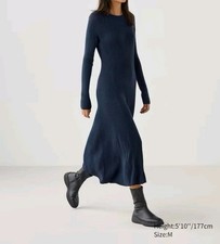 NWT Uniqlo C Merino Wool Blend Ribbed Long Sleeve Midi Dress Navy Blue L Stretch