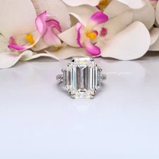 Classic 3Ct Emerald Cut Moissanite Three Stone Engagement Ring 14k White Gold