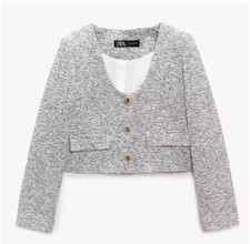 Zara Textured Crop Short Blazer Cropped Blue White Gold Buttons L NWOT Jacket