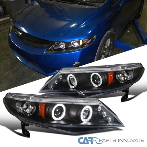 For 06-11 Honda Civic 4Dr Sedan Matte Black LED Halo Projector Headlights Lamps - Picture 1 of 12