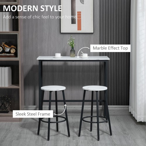 3 Piece Bar Table Stool Set for 2 with Footrest Steel Frame Small Space White - Picture 5 of 12