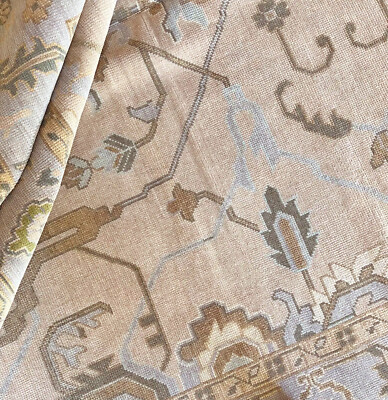 Modern Oushak Hand Knotted Rug 9x12 Beige Blue 100% Wool Floral Carpet for Home