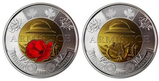 2018 Canada 2 Dollars Armistice Poppy BU Non Colored and Colored Toonie Coins