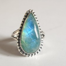 GREEN RAINBOW MOONSTONE NATURAL GEMSTONE 925 SOLID STERLING SILVER JEWELRY RING