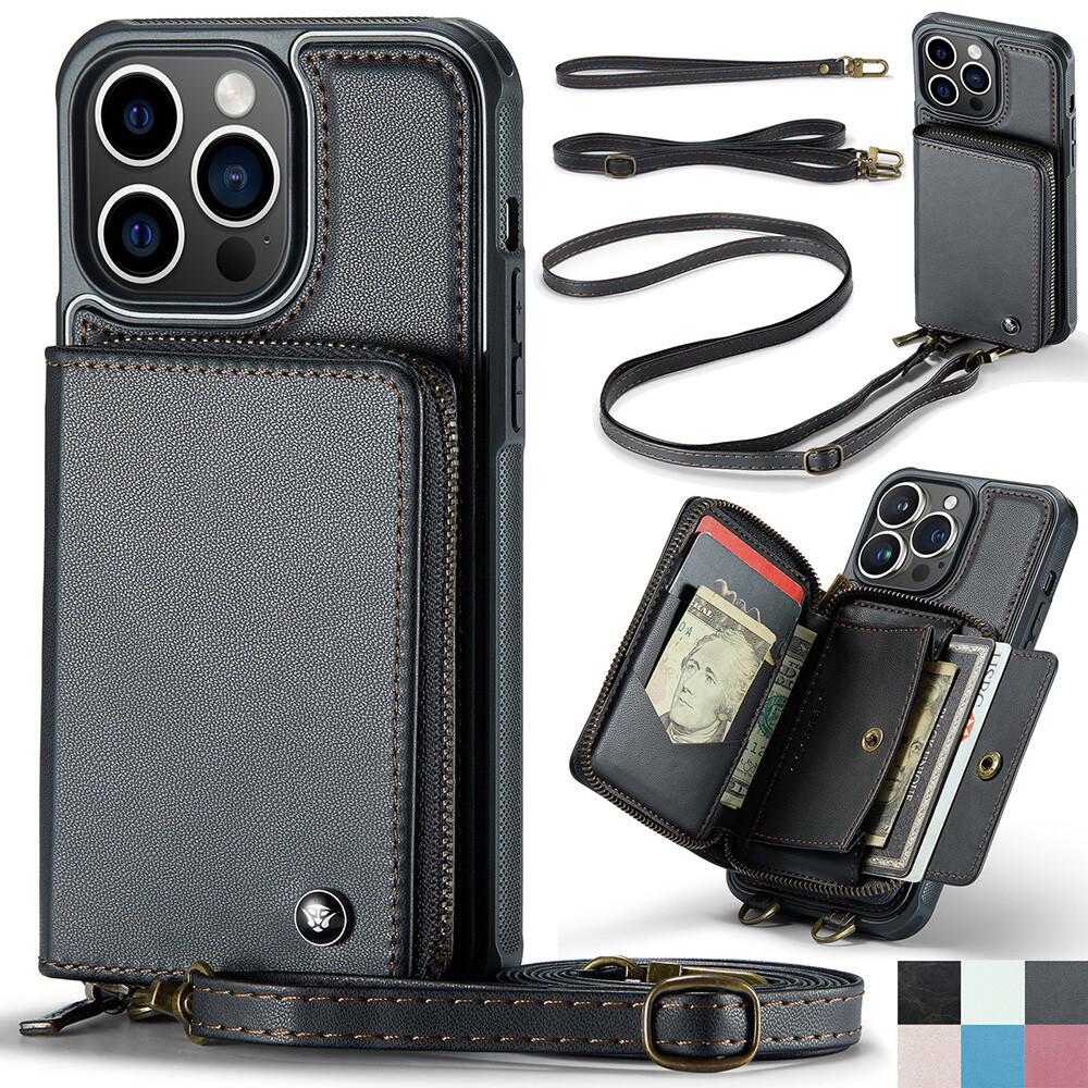 For iPhone 14 Pro Max 13 12 11 Leather Zipper Stand Wallet Card Wrist Strap Case