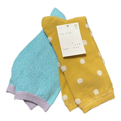 A New Day Women's Size 4-10 Crew Socks 2 Pair Yellow Polka Dot & Blue Metallic
