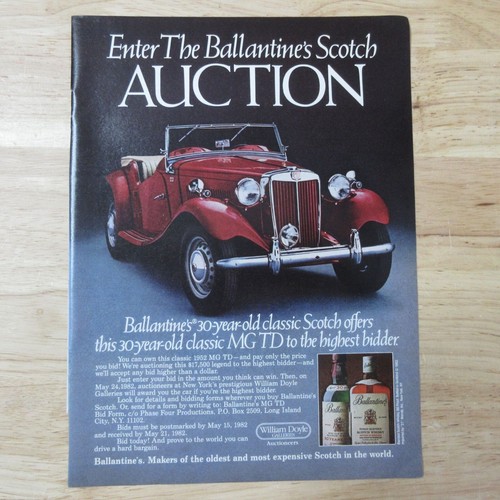 Whisky escocés Ballantine's 1982 subasta MG TD - anuncio impreso vintage - Imagen 2 de 3