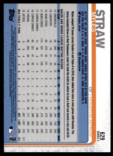 2019 Topps Myles Straw RC Houston Astros #629 - Picture 2 of 2