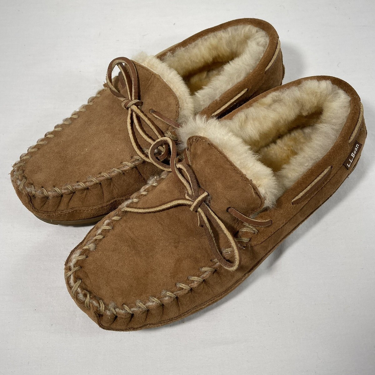 LL Bean Men\'s Brown Shearling-Lined Moccasin Slippers LL Bean Mens 14 W Slippers Wicked Good Brown Suede Moccasin  main image 3