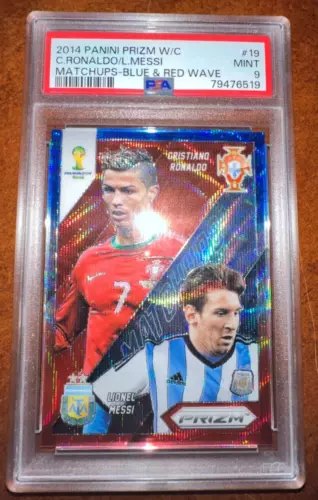 2014 Panini Prizm W/C Matchups Blue & Red Wave Prizm #19 MESSI RONALDO PSA 9