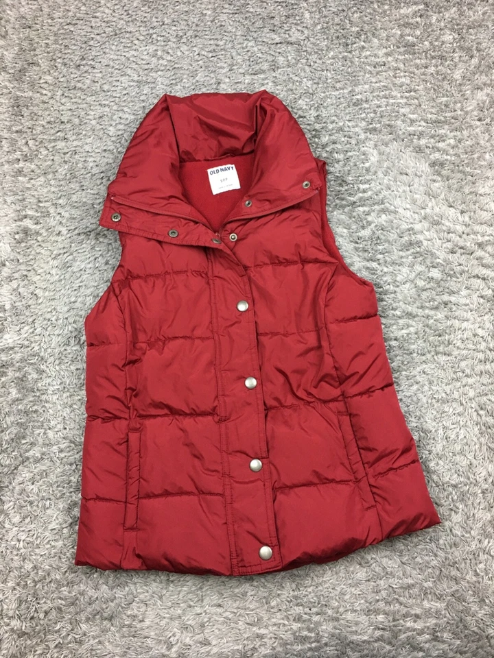 Old Navy Puffer Vest Jacket Womens Size Small Red Button Zip - Image 3 of 4