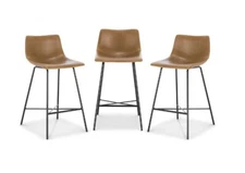 Light Brown Leatherette Low Back 24 in Counter Bar Stool Dining Chairs Set of 3