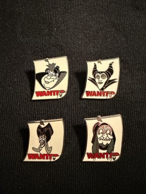Disney Villains WANTED POSTER Hidden Mickey Cast 4 PIN Lot Jafar Maleficent Hag