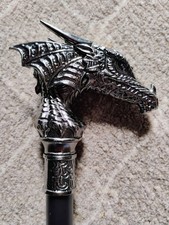 Dragon Head Metal Walking Stick Cane Black Silver Decorative Adult Unisex