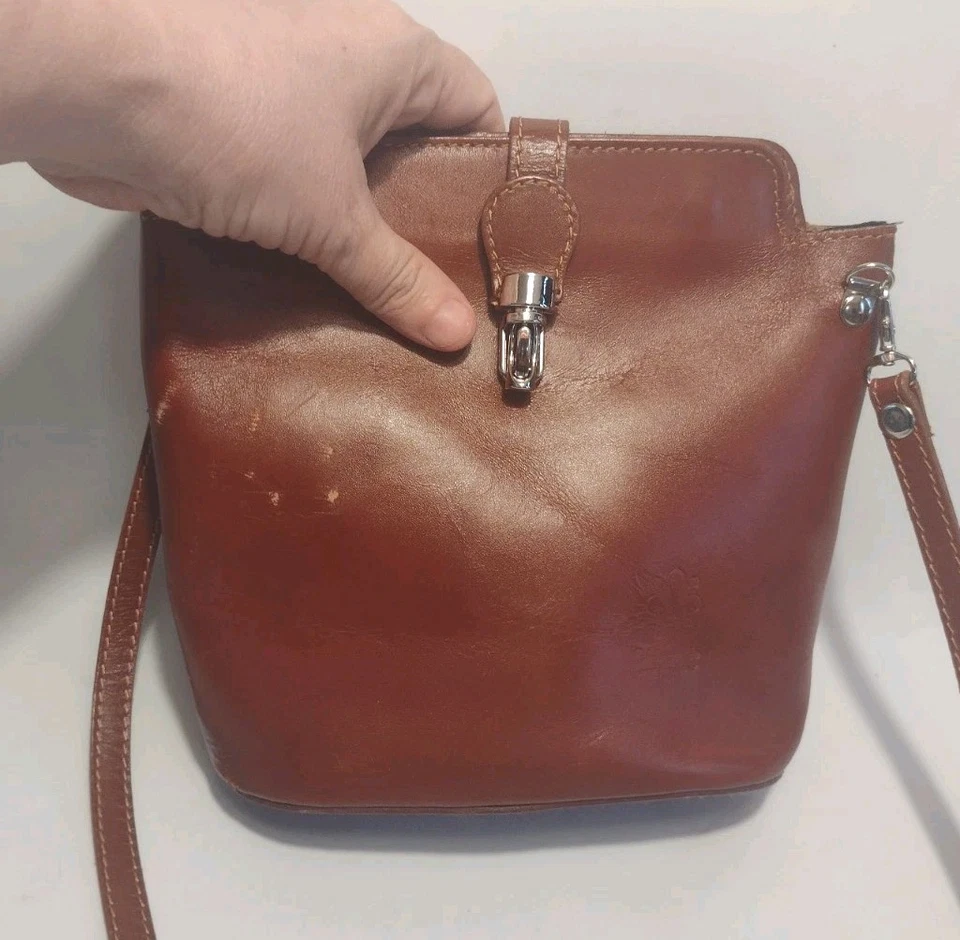 Bolso Bandolera Vintage Vera Pelle Cuero Italiano Marrón Coñac Pequeño Cubo Foto 4 de 4