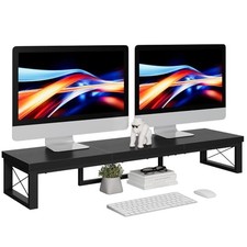 Large Dual Monitor Stand Riser for 2 Monitors, Wooden Desktop Computer Black