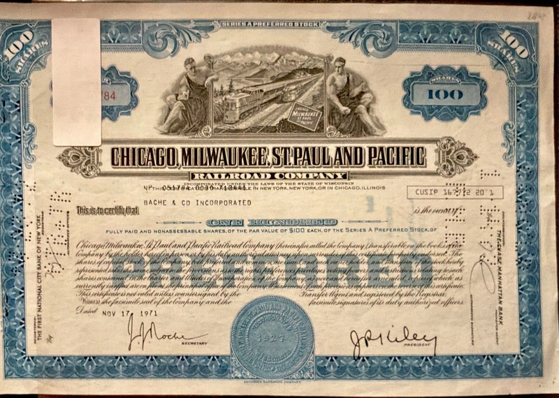 Chicago, Milwaukee, St. Paul & Pacific RR Preferred Stock Certificate 100 Shares