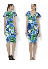 Lauren Ralph Lauren Cannes Blue Floral Flutter Sleeve Matte Jersey Dress Size 14
