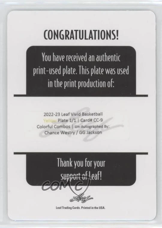 2022-23 Leaf Vivid Printing Plate Yellow 1/1 Chance Westry GG Jackson #CC-9 - Image 2 of 2