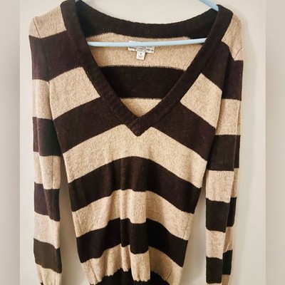ABERCROMBIE & FITCH Striped V-Neck Sweater Striped Brown & Beige, Small, EUC