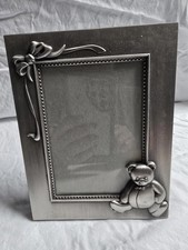 Decorative Silver Tone Photo Frame with Teddy Bear Accent
