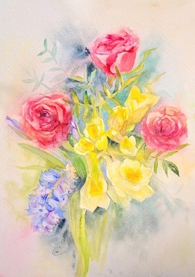 Original Frühlingsstrauß Aquarell Gemälde - Rosen, Narzissen, Hyazinthe, signiert