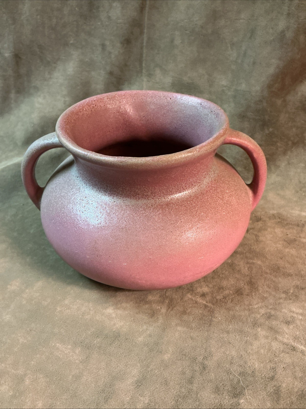 antique Arts Crafts art pottery Mauve green speckled glaze handled low vase