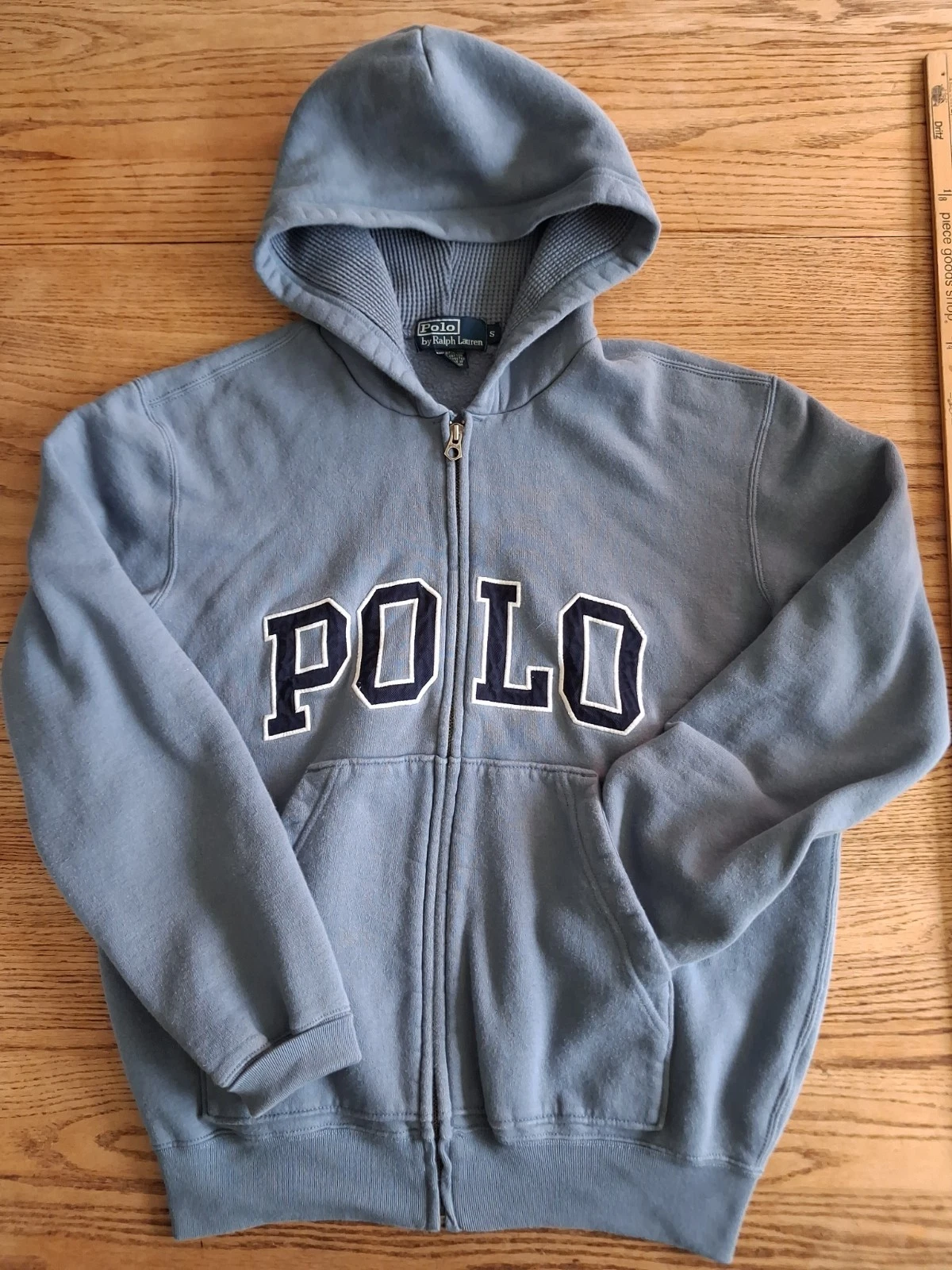 Vtg Polo Ralph Lauren Blue Full Zip Spellout Logo Hoodie Thermal Hood Mens Sz S