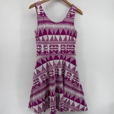 New York & Company Purple White Geometric Tribal Fit Flare Pocket Dress Small