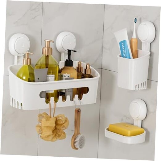 Shower Caddy Suction Cup Set Shower Organizer & Soap Holder & Toothbrush White