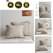 100 Linen Euro Sham Covers with Ruffle, 26x26 Inch Pillow Covers Set of 2, E...