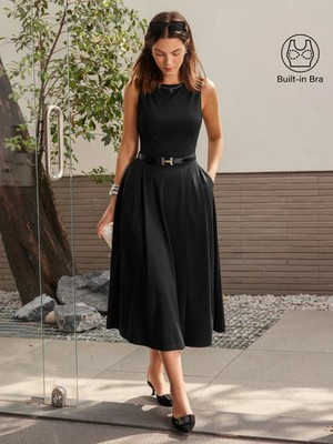 OGLmove Success Boatneck Midi Ponte Dress with Pockets Office Work Wear Black