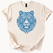 Blue tribal tiger face graphic shirt bold jungle animal art tee