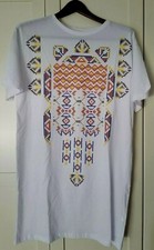 ZARA Trafaluc Boho Aztec Print White Cotton A-Line Mini Dress Short Sleeve NWT M