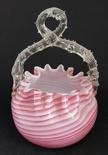Nailsea pink & white ribbon glass vintage Victorian antique basket vase