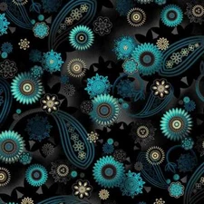 Michael Miller - Magnificent Peacock - Dancing Paisley - Black, Fabric BTY