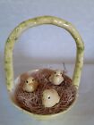 Beautiful Antique Handmade Ceramic Yellow And Green Basket With 3 Baby Chicks