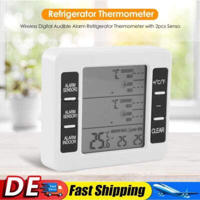 Wireless Digital Refrigerator Indoor Outdoor Thermometer w/ 2pcs Sensor Display