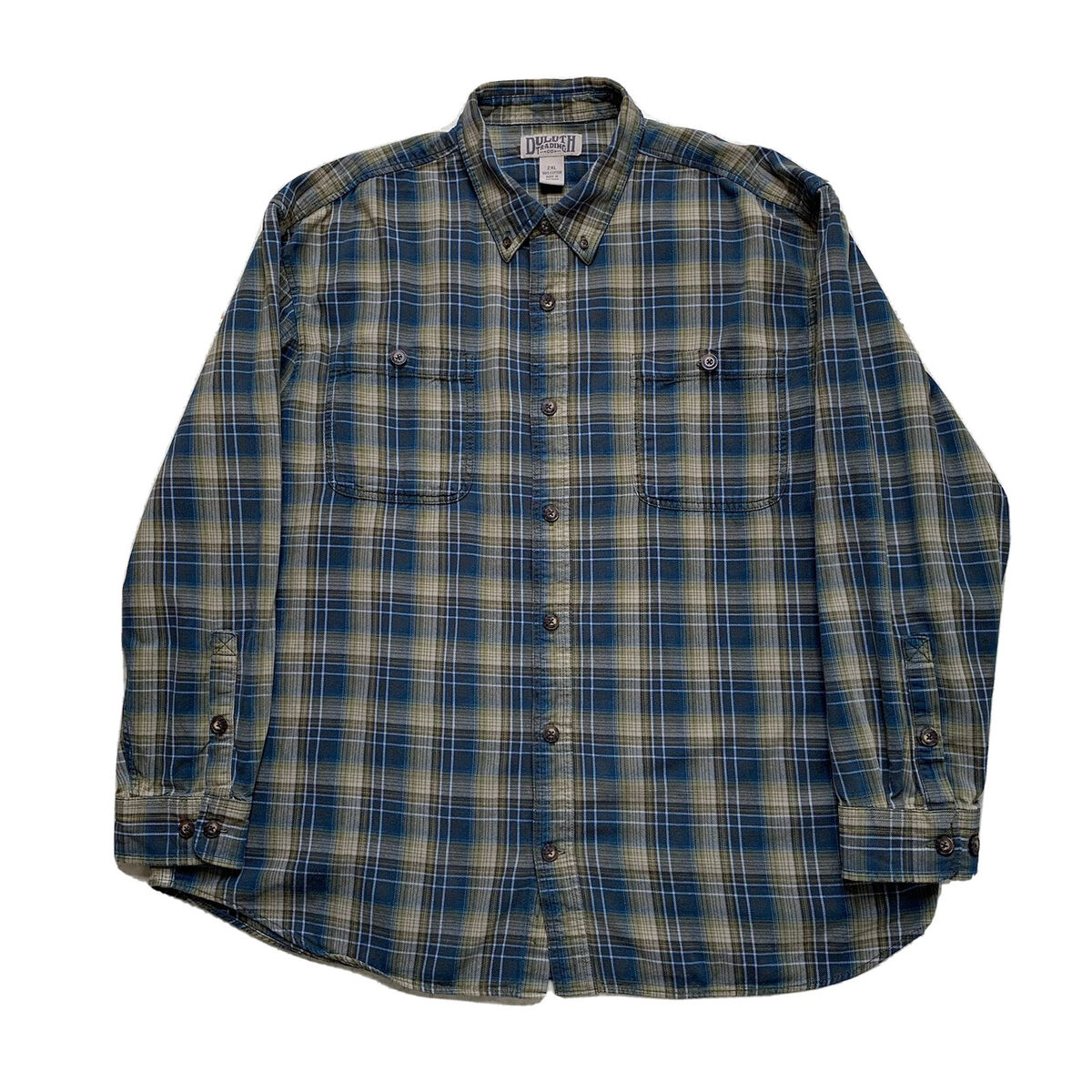 Mens 2XL Duluth Trading Green / Brown Free Swingin' Flannel Mens 2XL Duluth Trading Green / Brown Free Swingin' Flannel